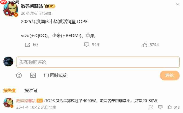 vivo、小米、苹果拿下 2025 年国内市场销量 TOP3,激活量超 4000 万