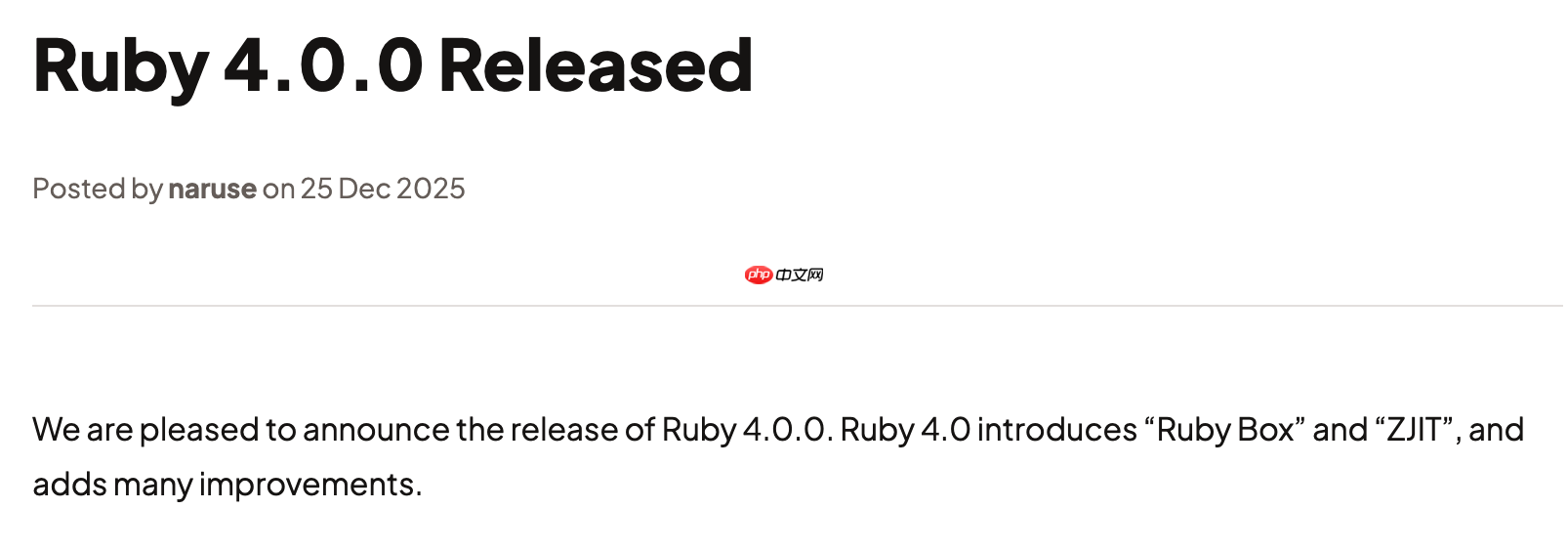 Ruby 4.0.0 正式发布,新增 “Ruby Box” 和 “ZJIT”