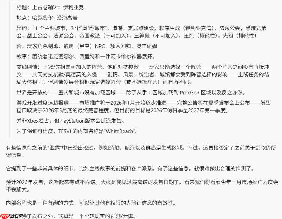 26年年底或将发售!《上古卷轴6》主线剧情与核心机制据称泄露