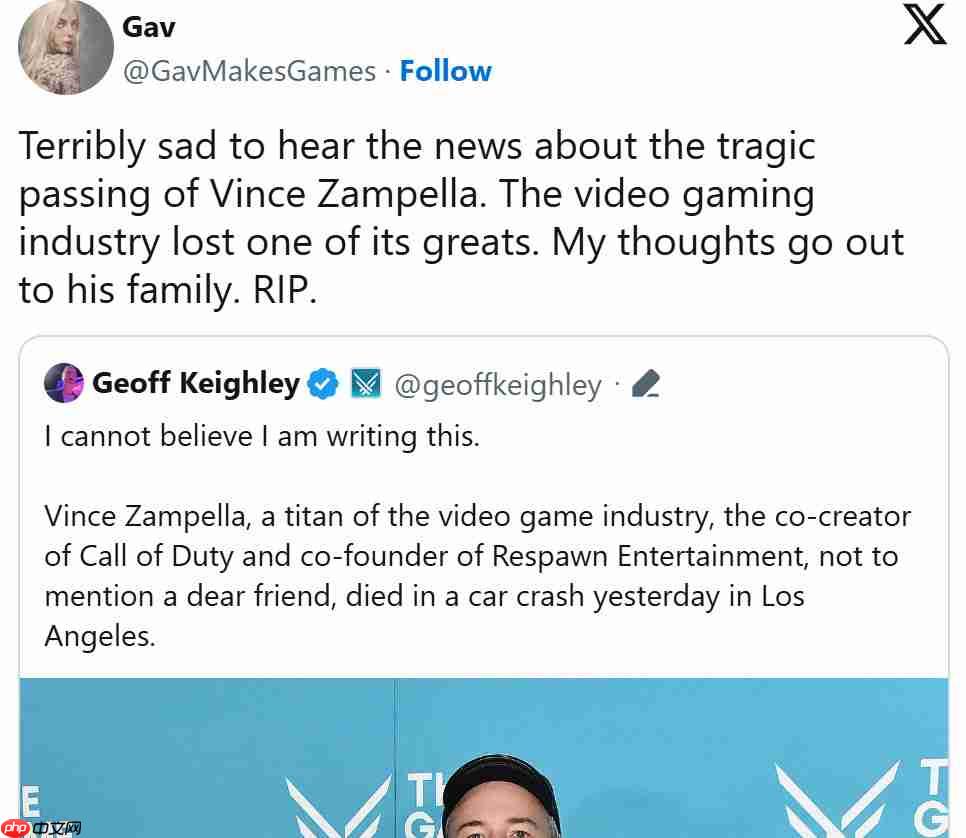 传奇谢幕！业界多名开发者悼念FPS传奇开发者Vince Zampella