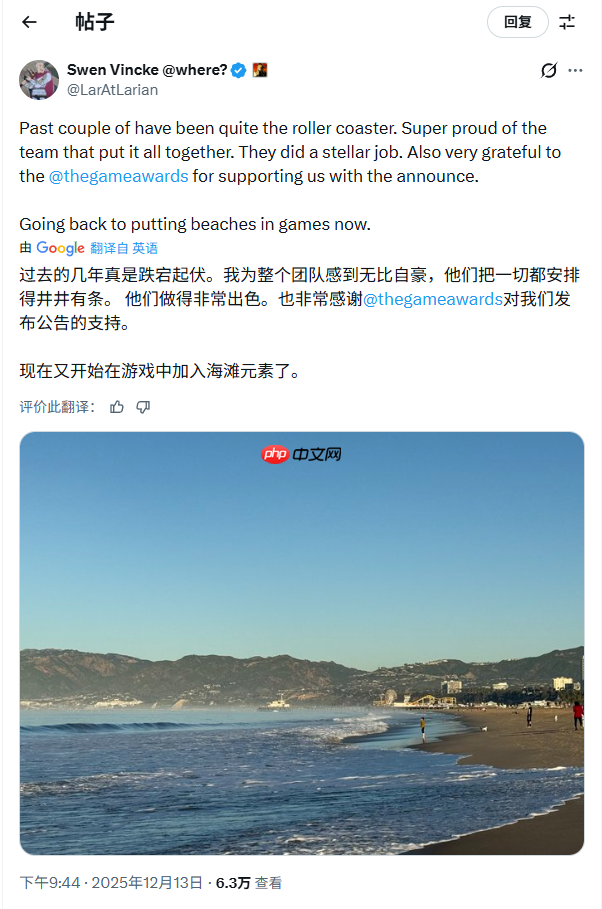 拉瑞安《神界》总监发文：又要在游戏里做海滩了！