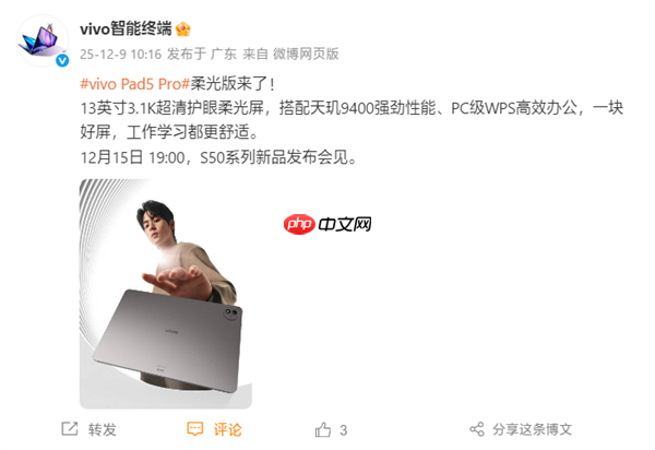 vivo Pad5 Pro柔光版12月15日发布：3.1K柔光屏+天玑9400