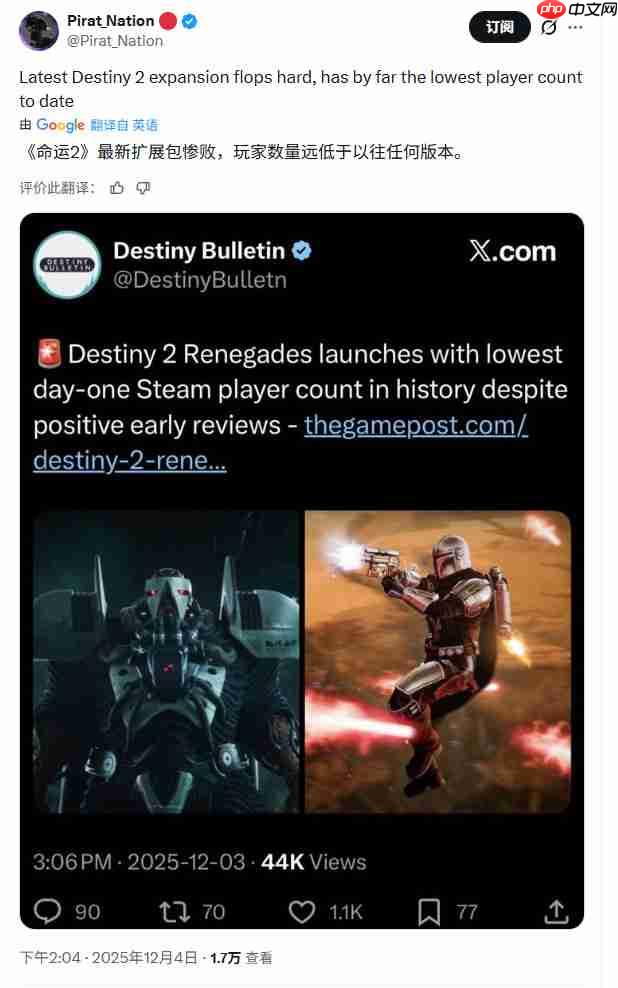 《命运2》星战主题DLC上线 Steam在线峰值创下最低记录