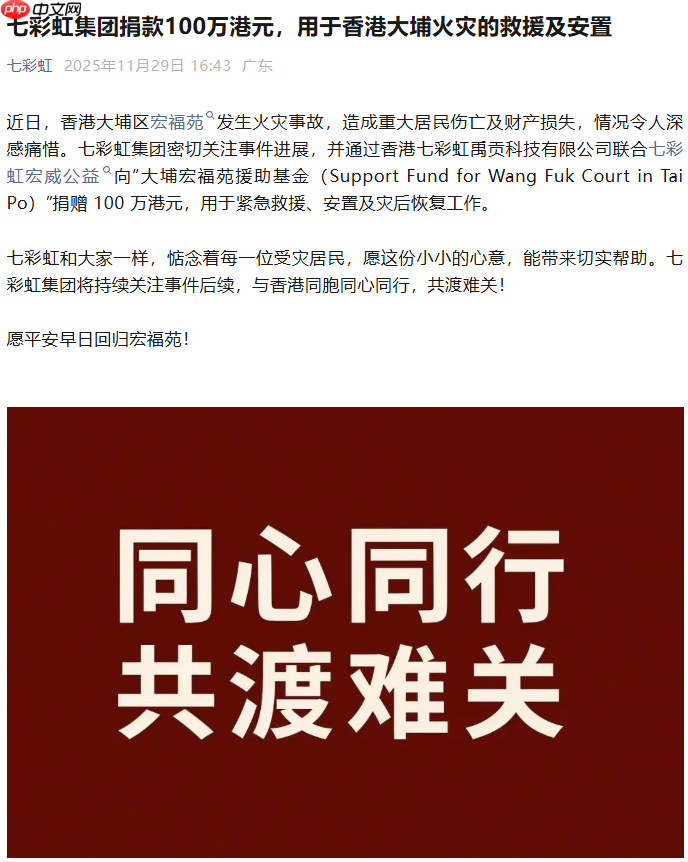 七彩虹集团捐款 100 万港元,用于香港大埔火灾的救援及安置