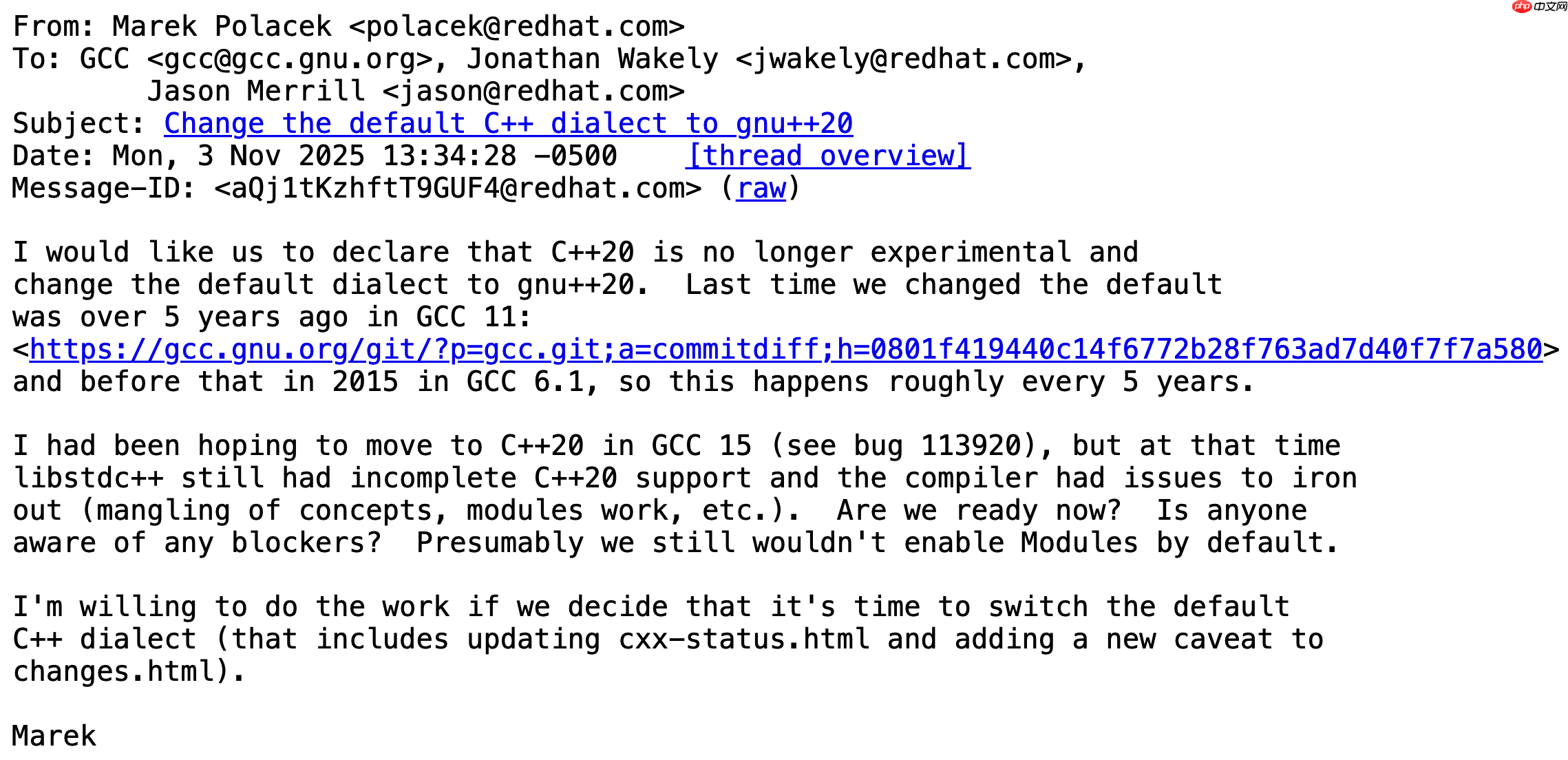 GNU编译器开发者讨论将C++20设为默认选项