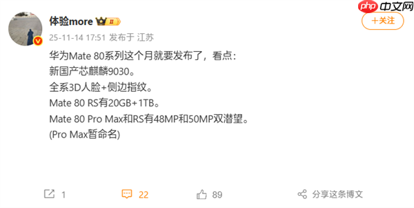 华为旗舰第一次!Mate 80 Pro Max/RS配备双潜望长焦镜头