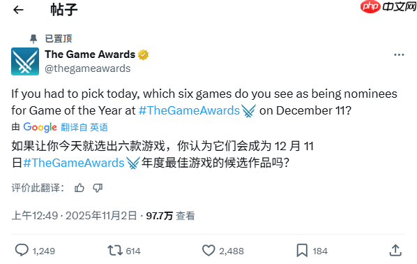 TGA官方提问:你觉得哪六个游戏能入围年度最佳提名?