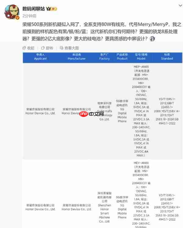 疑似荣耀500系列入网 代号Merry全系支持80W有线快充