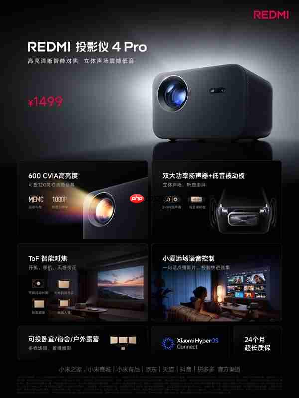 1499元!REDMI投影仪4 Pro发布:600CVIA亮度 可投120英寸巨幕