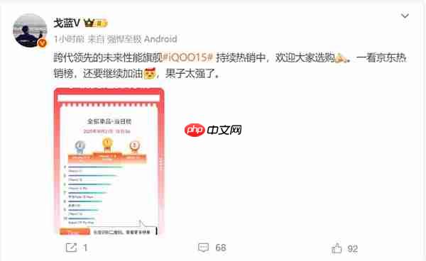 iQOO 15单品销量冲上京东安卓阵营TOP1：比iPhone 17还火爆