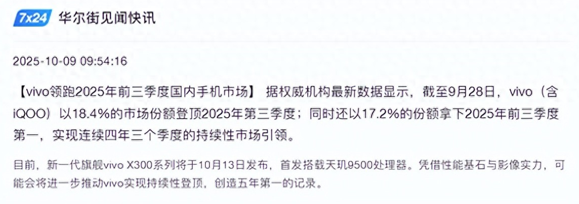 vivo连续四个季度市场份额领先，专家称iPhone影像技术落后vivo多代