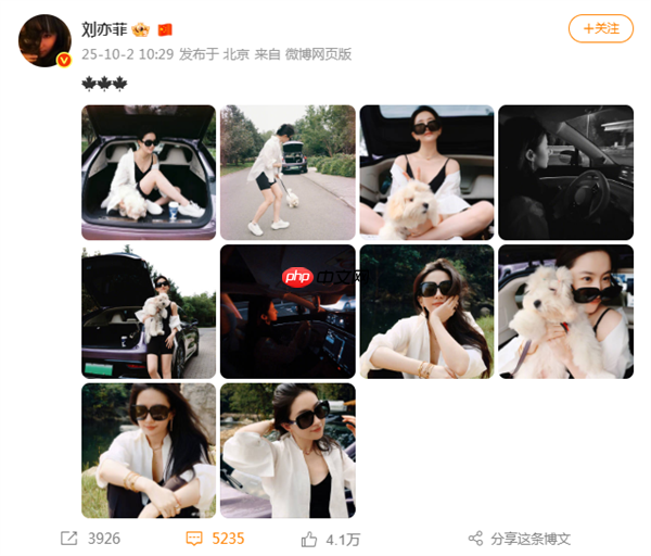 刘亦菲国庆自驾游智界R7亮相，白衬衫黑吊带造型轻松自在