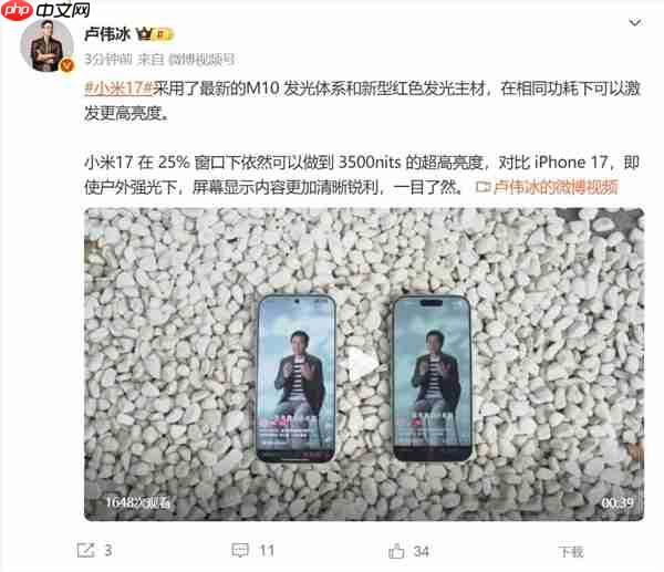 小米17/iPhone 17户外强光下显示对比:小米更清晰