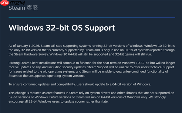 Steam客户端将停止支持32位Windows系统，V社正式官宣，新政策于2026年1月1日实施