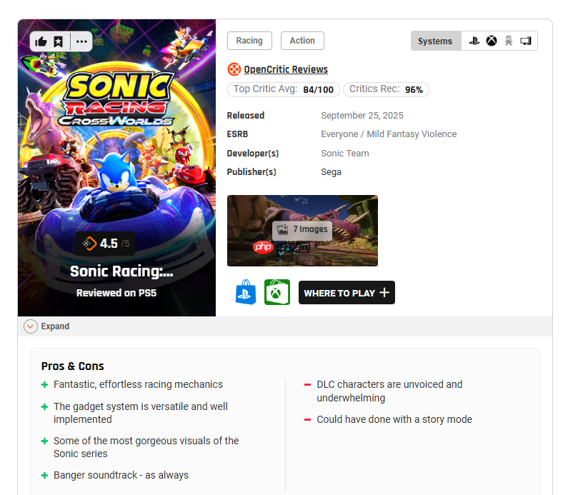 《索尼克赛车：交叉世界》 媒体评分解禁 M站均分83分好评！