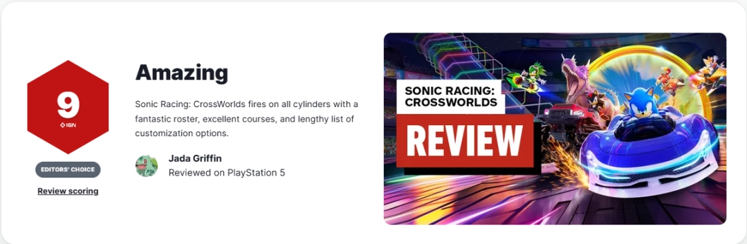 《索尼克赛车：交叉世界》 媒体评分解禁 M站均分83分好评！