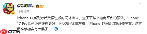 曝苹果iPhone 17预售销量同比增长8倍 Pro版增长3倍
