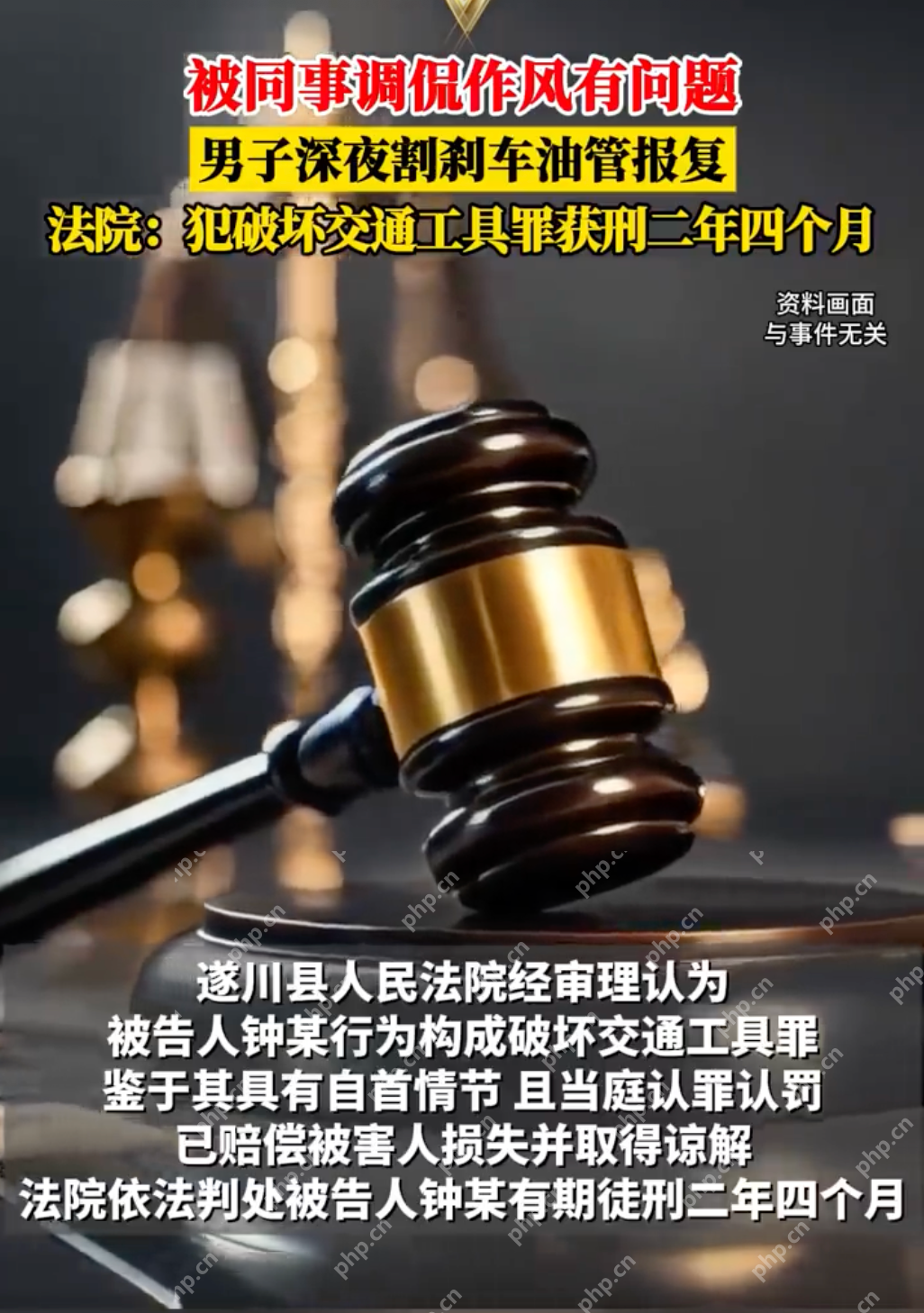 男子为报复同事深夜割破刹车油管：因不满同事调侃自己作风有问题 - php中文网