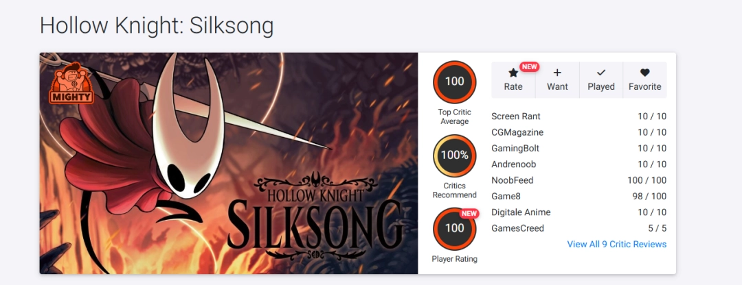 登顶第一!《空洞骑士:丝之歌》当前OC网站媒体均分100分!