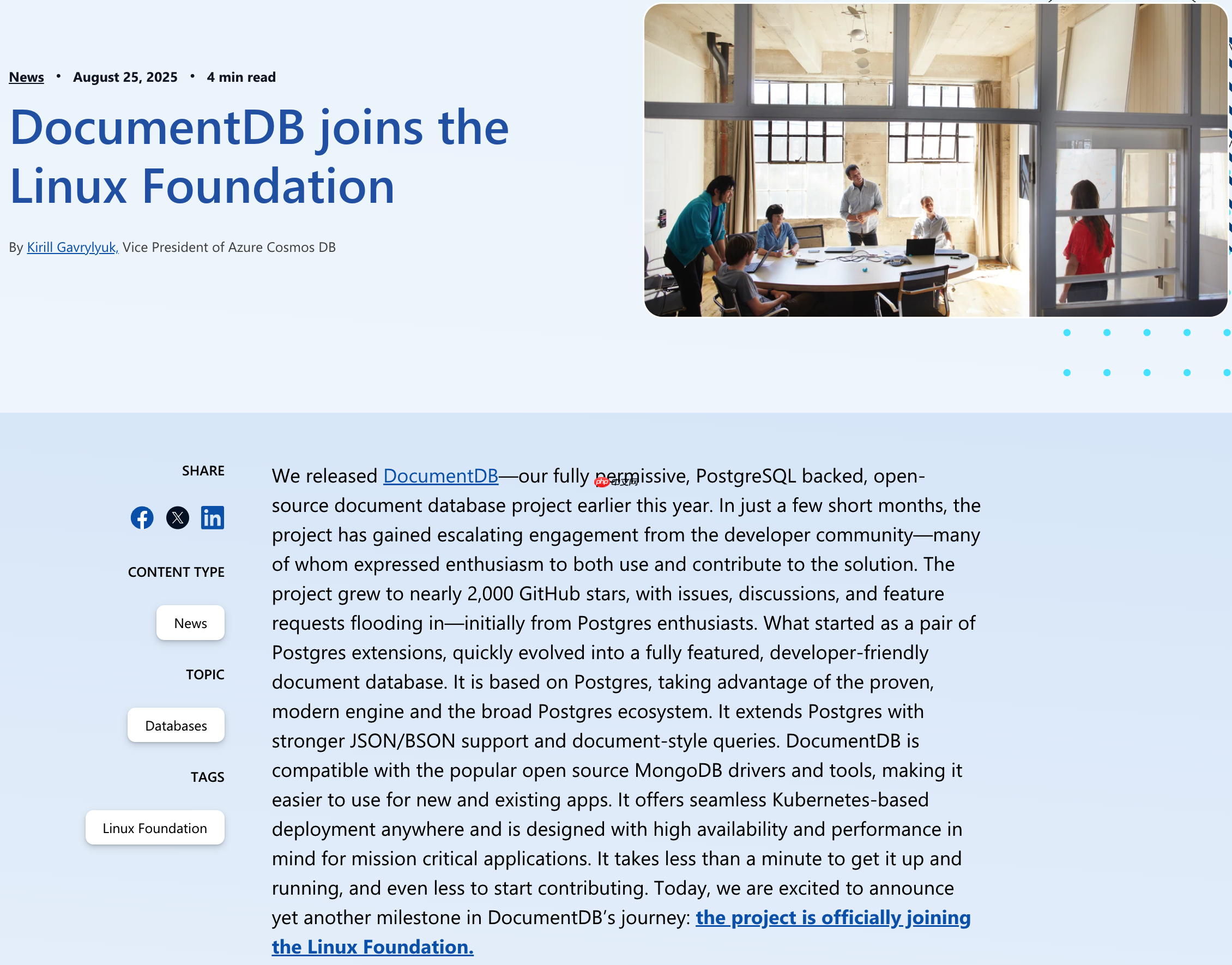 微软旗下开源文档数据库 Do​​cumentDB 加入 Linux 基金会