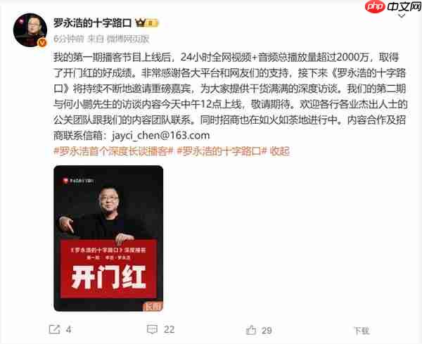 罗永浩李想播客节目爆火：24小时播放量超2000万