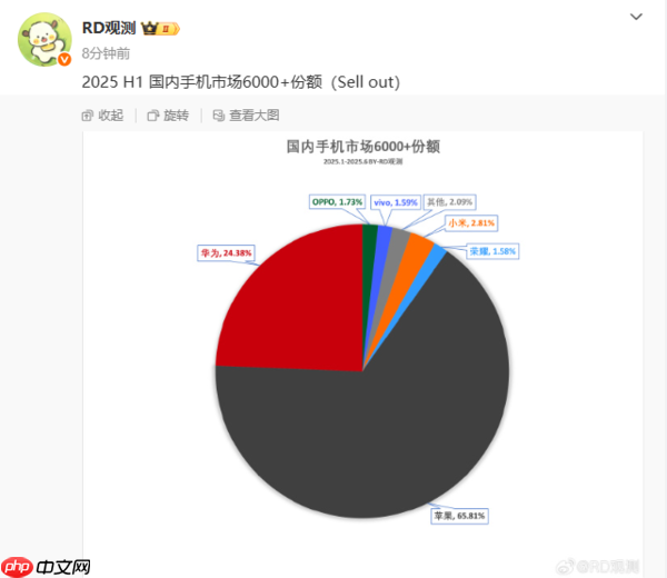 上半年国内6000元以上手机销量份额出炉:苹果占2/3