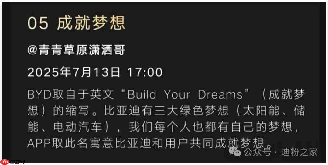 比亚迪 App 全新名称投票结束，“成就梦想”当选第一