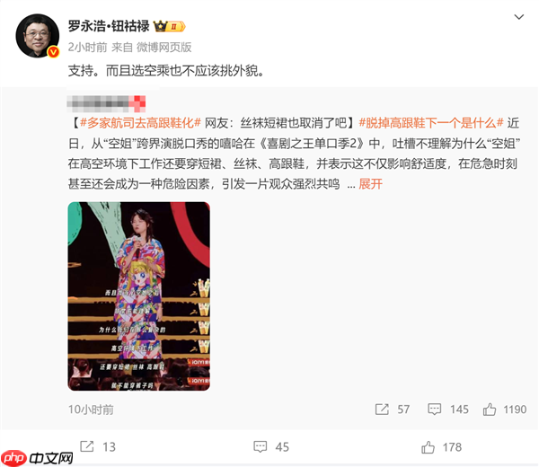 网友喊话空姐去高跟鞋化 罗永浩:支持 但也不要挑外貌