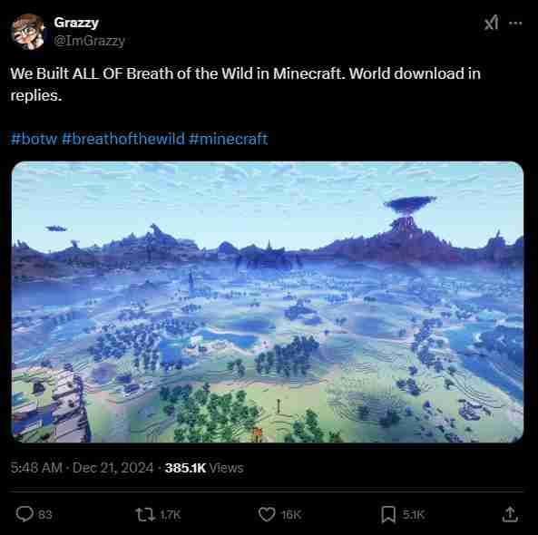我的世界中的海拉鲁传奇:Grazzy用三年时光重现塞尔达传说:旷野之息的壮丽世界
