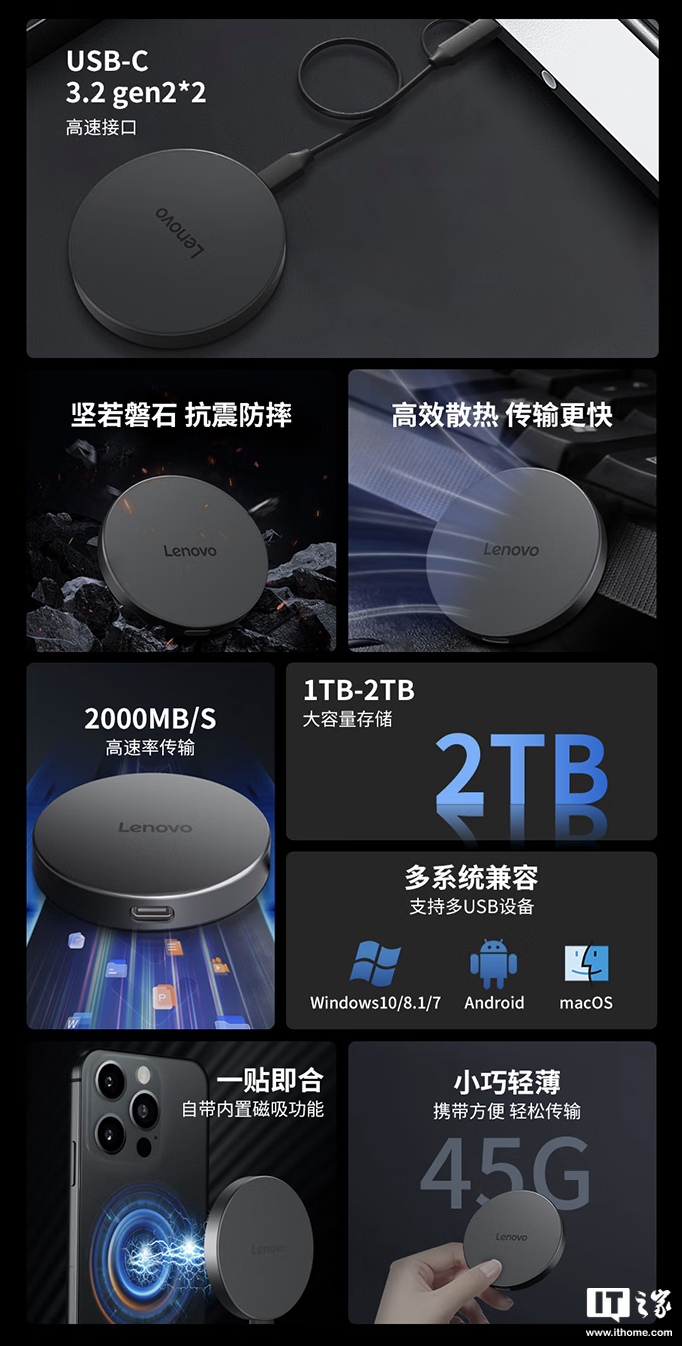 联想 Y910 磁吸移动固态硬盘首销：2000MB/s 传输、重约 45g，1TB 售 559 元