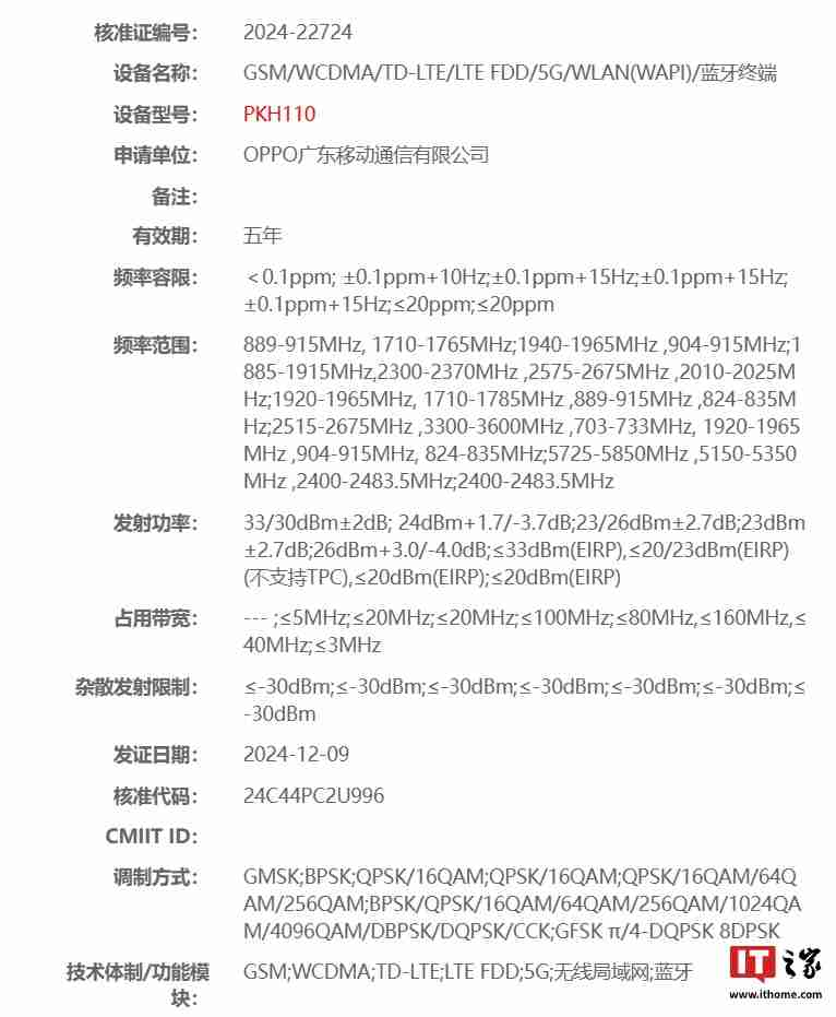 OPPO“PKH110”新机入网:不支持卫星通信,预计为 Find X8 Ultra 标准版