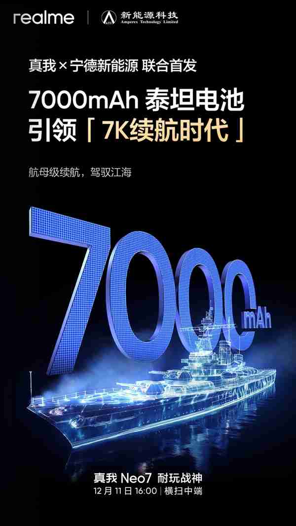 智能手机进入7K续航时代!真我Neo7首发7000mAh泰坦电池