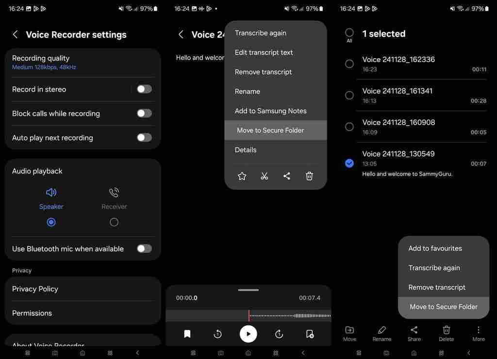 三星 One UI 7.0 版录音机应用泄露:升级界面,新增“移动至安全文件夹”功能