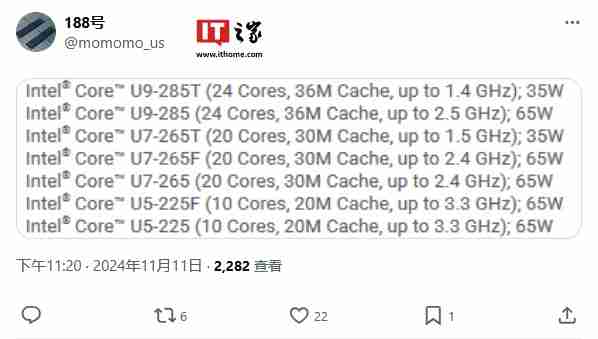 英特尔酷睿 Ultra 9 285(65W)/285T(35W)处理器曝光:24 核心、36MB 缓存