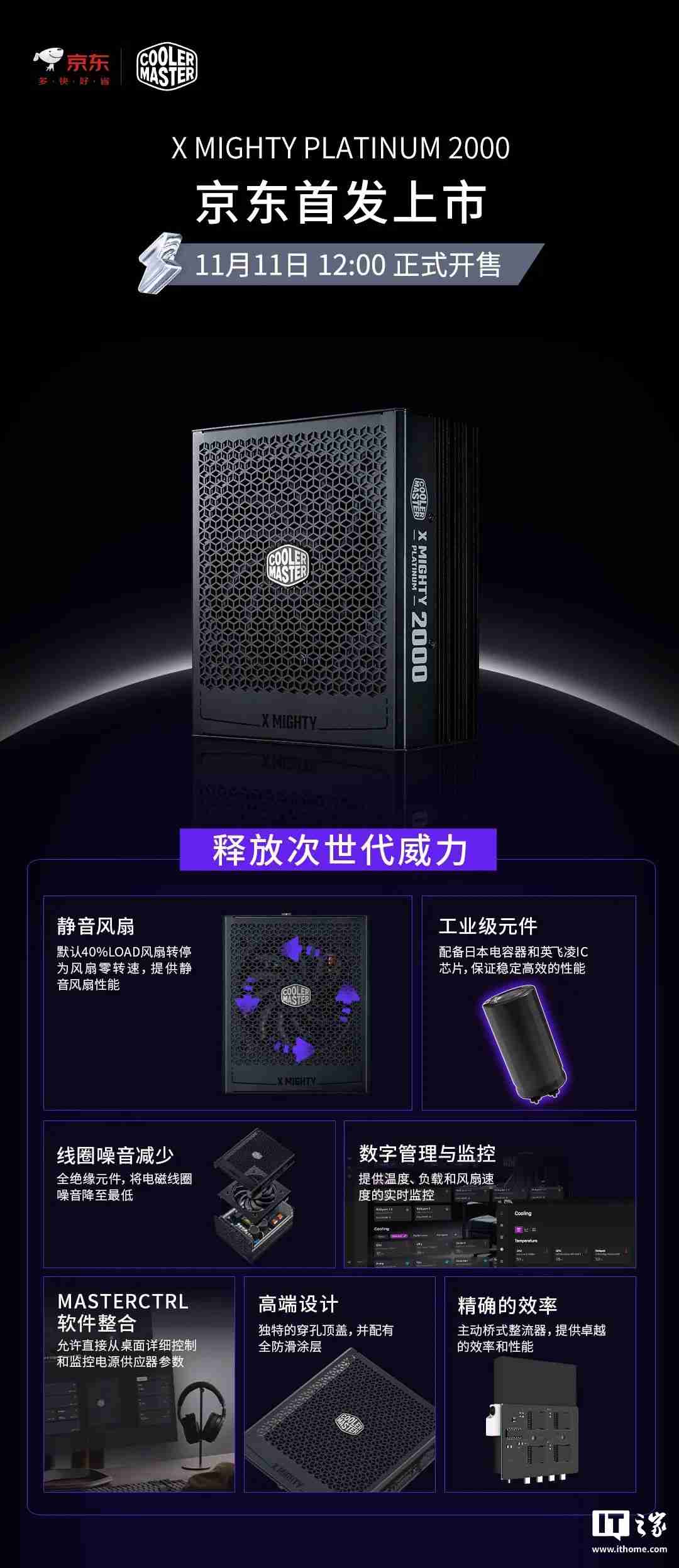 3599 元,酷冷至尊 X Mighty Platinum 2000W 白金全模组电源发售