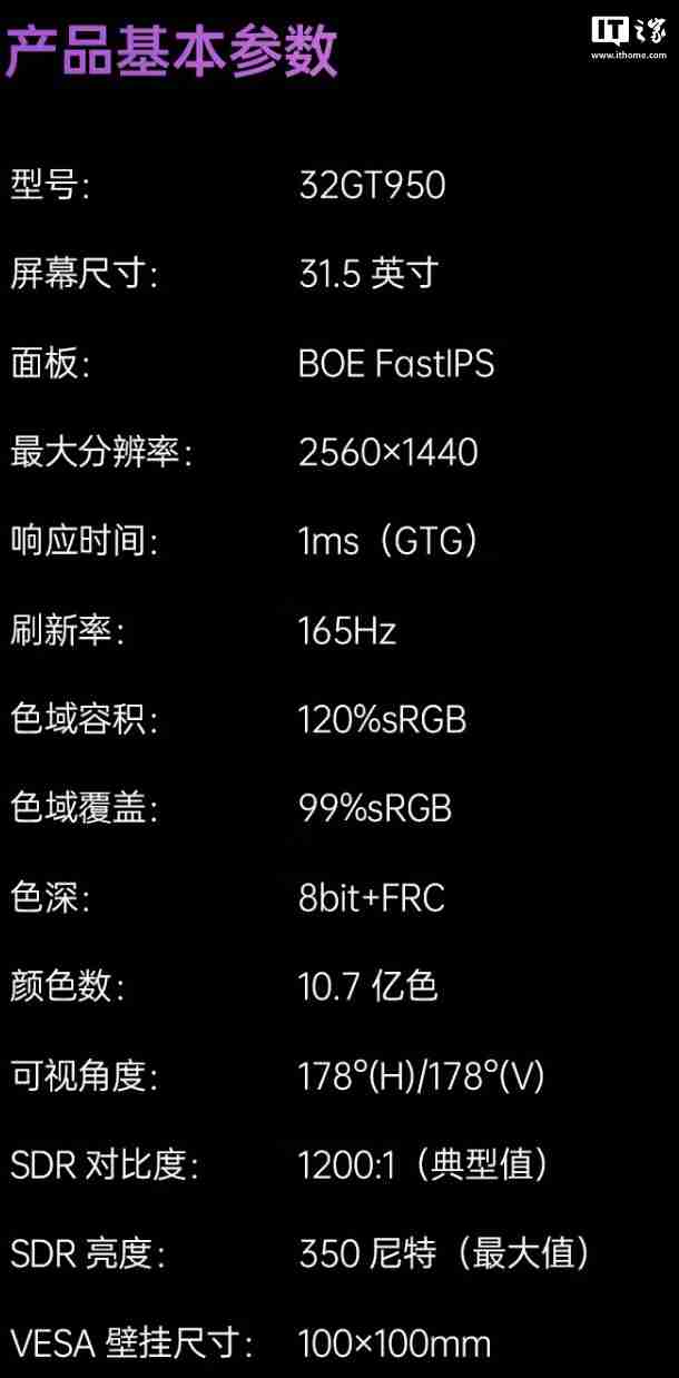 KTC“32GT950”31.5 英寸显示器开售:2K 165Hz,1399 元