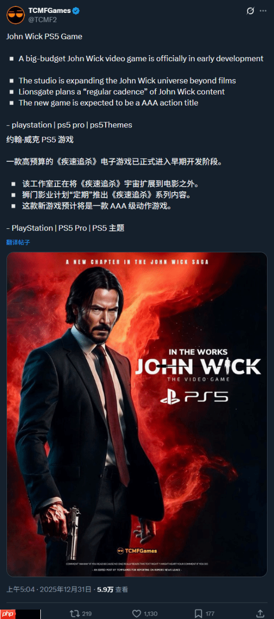 传闻:《疾速追杀》3A动作游戏正在开发中