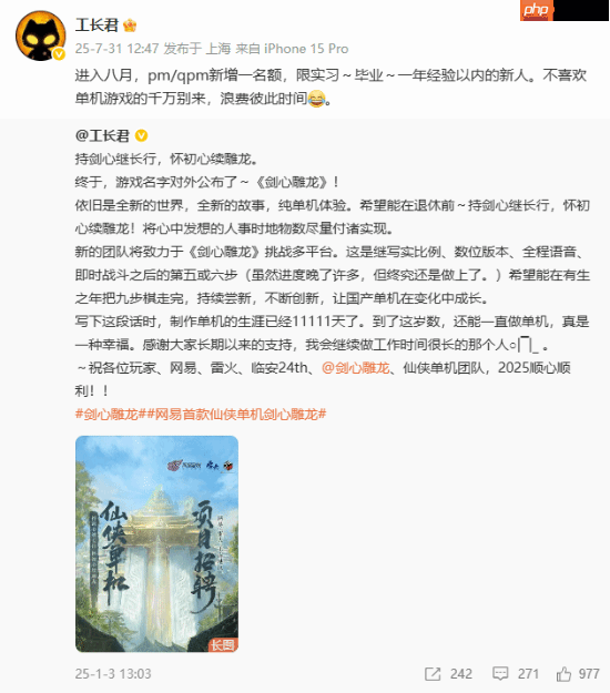 网易首款仙侠单机《剑心雕龙》为小团队开发:缺人要补 最初仅3人