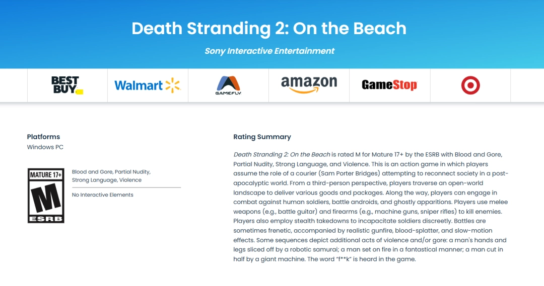 《死亡搁浅2》PC版已通过ESRB评级 或只独占半年