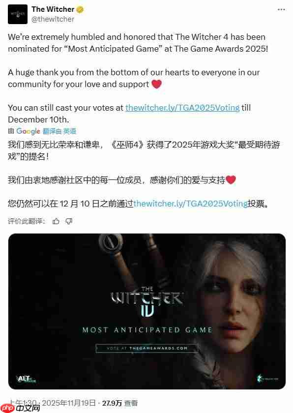 《巫师4》提名TGA