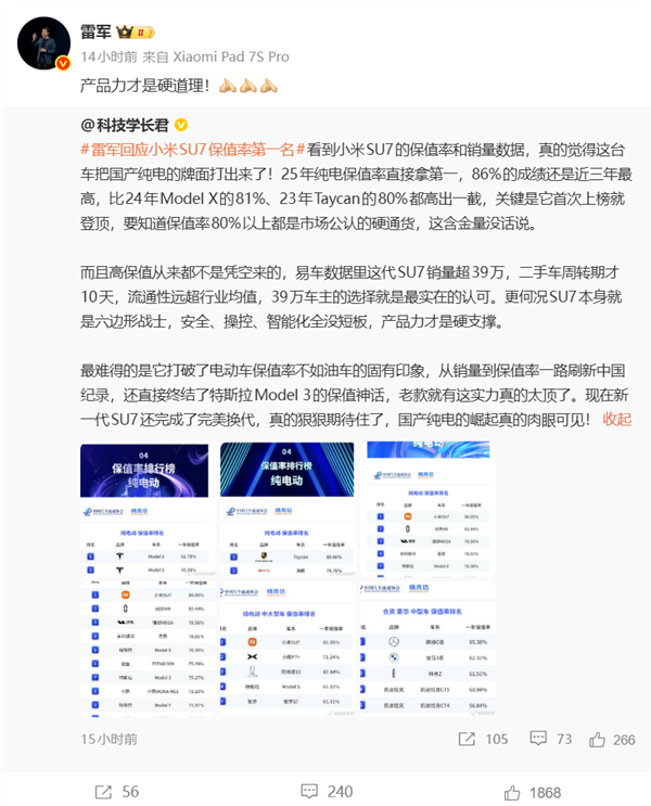 大家看图说话!雷军:这个成绩 可以得瑟吗