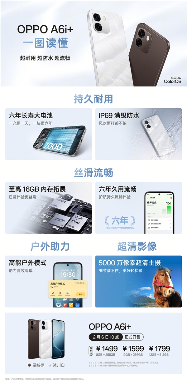 国补价1275元起!OPPO A6i+开售:7000mAh六年长寿大电池
